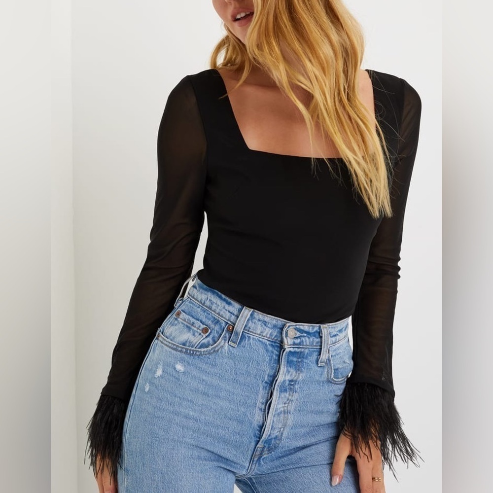 New Lulus Effortlessly Luxe Black Feather Long Sleeve Bodysuit size Small